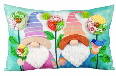 10" x 16" Multicolor Gardening Gnomes Spring Flowers and Birds Lumbar Pillow