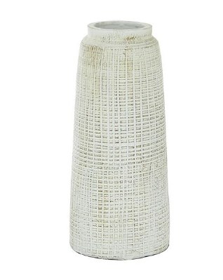 17" Distressed White Ceramic Tall Crosshastch Textured Cylinder Vase