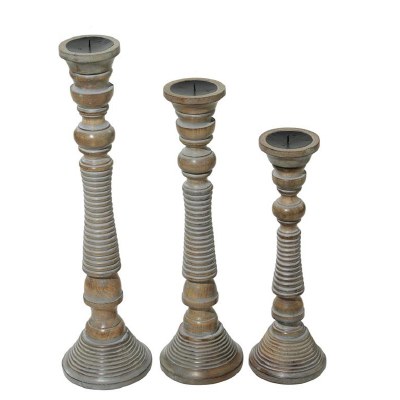 Set of 3 Whitewash Gray Mango Wood Pillar Candleholders