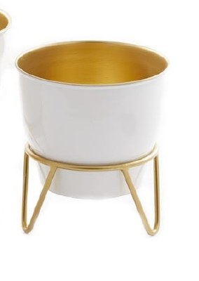 9" White and Gold Metal Planter With Gold Metal Stand
