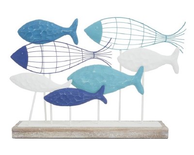 22" Blue, Aqua, and White Metal School of Fish With Wood Base