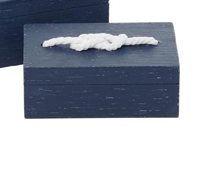 6" Dark Blue Wood Box With White Rope Detail