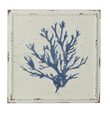 12" Square White and Blue Metal Coral Wall Plaque