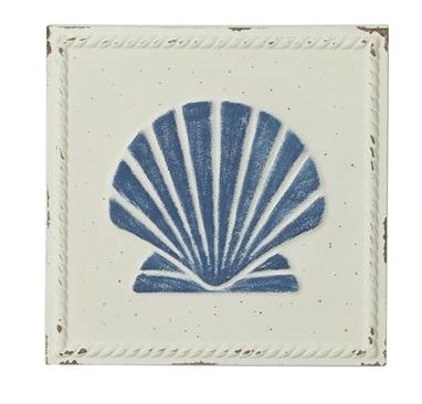 12" Square White and Blue Metal Scallop Wall Plaque