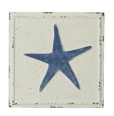 12" Square White and Blue Metal Starfish Wall Plaque