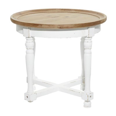 24" Round Distressed White Wood WIth Natural Wood Top Accent Table