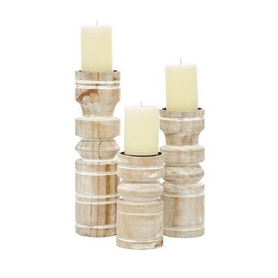 Set of 3 4" Round Whitewash Wood Pillar Candleholders