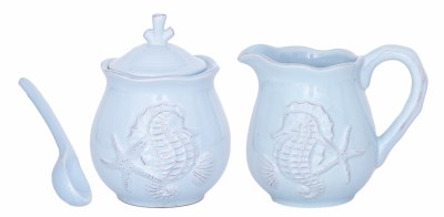 Set of 2 Blue Ceramic Seahorse Sugar & Creamer Set With Matching Spoon