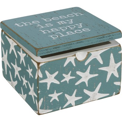 4" Square Aqua and White Wood Starfish Happy Place Box with Hinged Lid