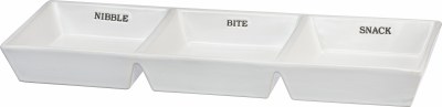 5" x 15" White Ceramic Triple Compartment Nibble, Bite, & Snack Serving Dish