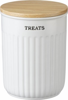 7" White Ribbed Ceramic Treats Canister with Wood Lid