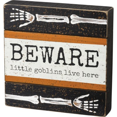 8" Square Beware Little Goblins Live Here Wood Box Plaque Halloween Decoration