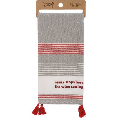 28" x 20" Santa Stops Here For Wine Tasting Striped Kitchen Towel with Tassels