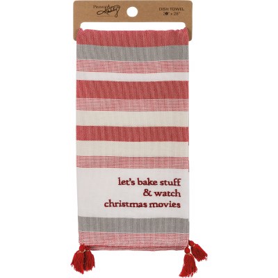 28" x 20" Bake Stuff and Watch Movies Striped Kitchen Towel with Tassels