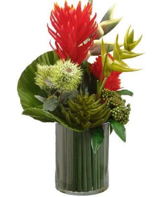 24" Faux Red and Green Protea Bromeliad and Grass in Glass Vase