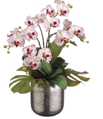 25" Faux Purple and White Orchid in Silver Ball Vase