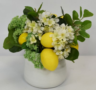 12" Faux Lemon Floral Arrangement in a White Vase