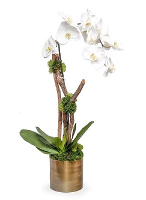 34" Faux White Orchid in Bronze Pot