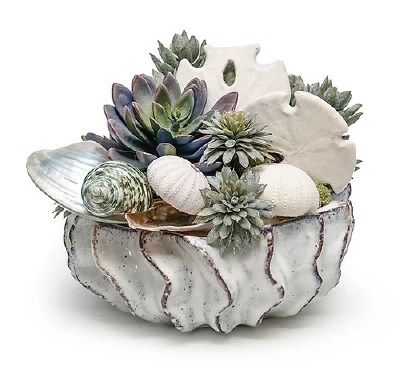 11" Round Faux Frosted Green Succulents in White Sonos Bowl