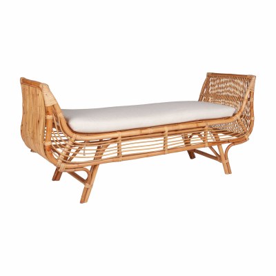 57" Natural Curved Rattan Bench With Cushion