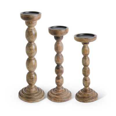Set of 3 18" Brown Wood Spindle Candleholders