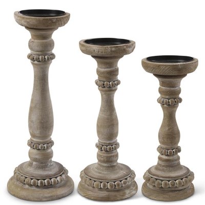 Set of 3 16" Whitewashed Brown Wood With Bead Trim Candleholders