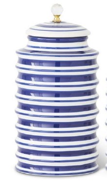 11" Blue and White Ribbed Ceramic Jar With Crystal Knob Lid