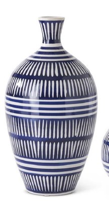 15" Dark Blue and White Ceramic Lines Vase