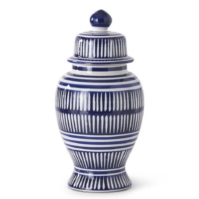 15" Dark Blue and White Ceramic Lines Jar With Lid