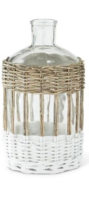 11" Natural and White Wicker Wrapped Glass Bottle