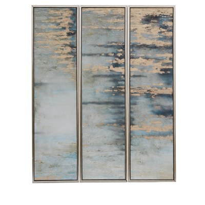 Set of 3 60" x 15" Blue and Gold Abstract Canvas Triptych Wall Art With Frame