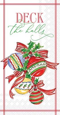 8" x 4.5" Deck the Halls Christmas Ornaments and Holly Guest Towels