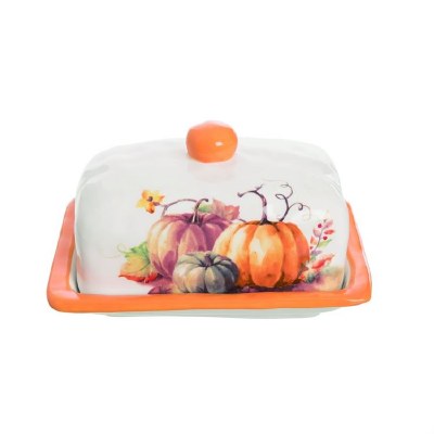 7" White with Orange Accents Painted Pumpkin Butter Dish Fall and Thanksgiving