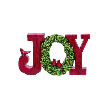 7" Red and Green Polyresin Cardinal Wreath Joy Sign
