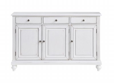 56" Distressed White Three Drawer Panel Door Credenza
