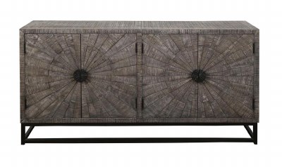 66" Brown Gray Wood Sunburst Four Door Credenza With Metal Base