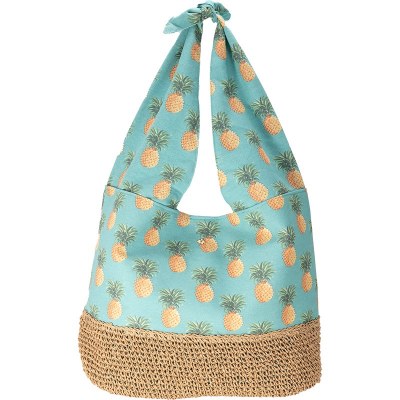 21" Aqua Pineapple Print Cotton Myrtle Hobo Bag With Self Tied Handles and Crocheted Bottom