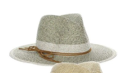 3" Brim Black and Ivory  Braided Straw Goma Safari Hat With Faux Leather Band