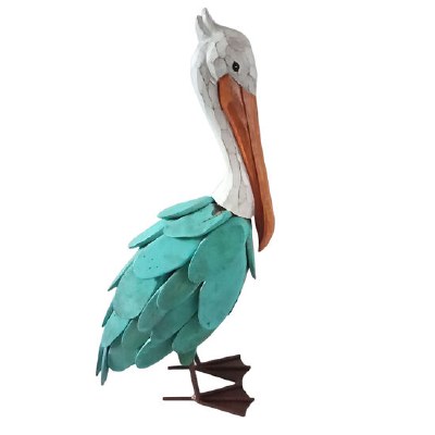 19" Turquoise and White Driftwood and Metal Pelican Statue