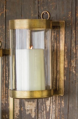 12" Antique Brass and Glass Wall Mounted Hurricane Candle Sconce