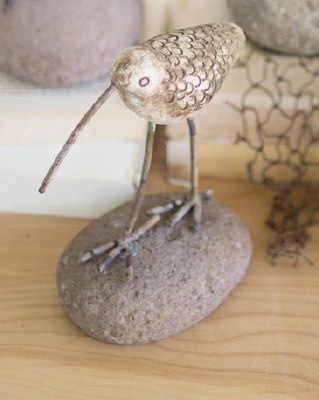 Beige Painted Clay Shore Bird on Rock Base