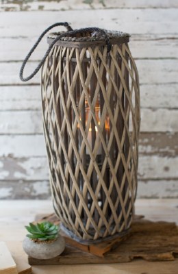 23" Gray Willow Rattan Tall Square Lantern With Glass Insert