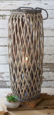 28" Gray Willow Rattan Tall Square Lantern With Glass Insert