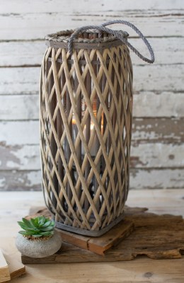 20" Gray Willow Rattan Tall Square Lantern With Glass Insert