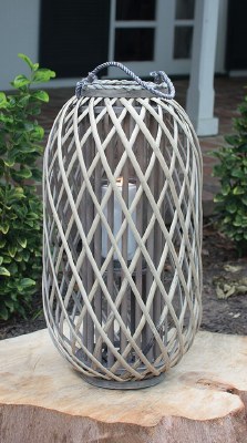 24" Gray Willow Rattan Slim Oval Lantern With Glass Insert