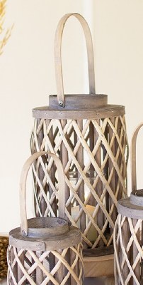 14" Natural Gray Willow Rattan Cylinder Lantern With Glass Insert