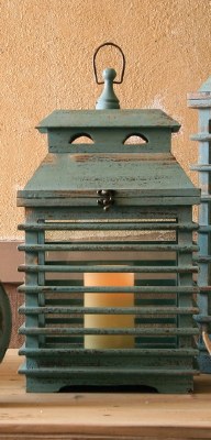 Small Distressed Blue Wood Shutter Lantern With Glass