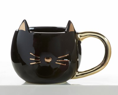 13 oz Black With Gold Accents Ceramic Cat Mug