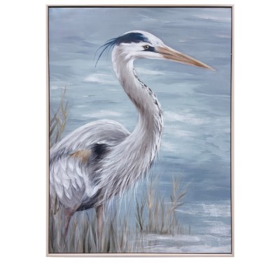 40" x 30" Gray Heron on Blue Water Canvas With Frame Wall Art