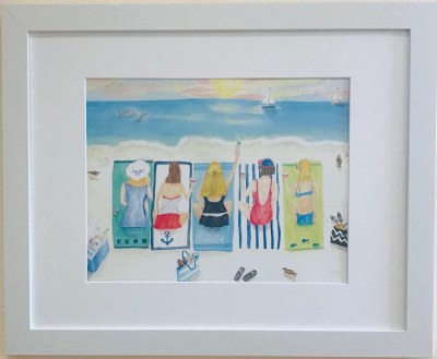 18" x 22" Five Friends Laying on the Beach White Framed Wall Art Under Glass